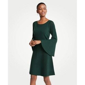 Ann Taylor Women's Dark Green Knit Fit Flare Sweater Dress Bell Sleeves Size S